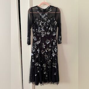 Adrianna Papell Black and Silver Floral Long Sequin lace Dress